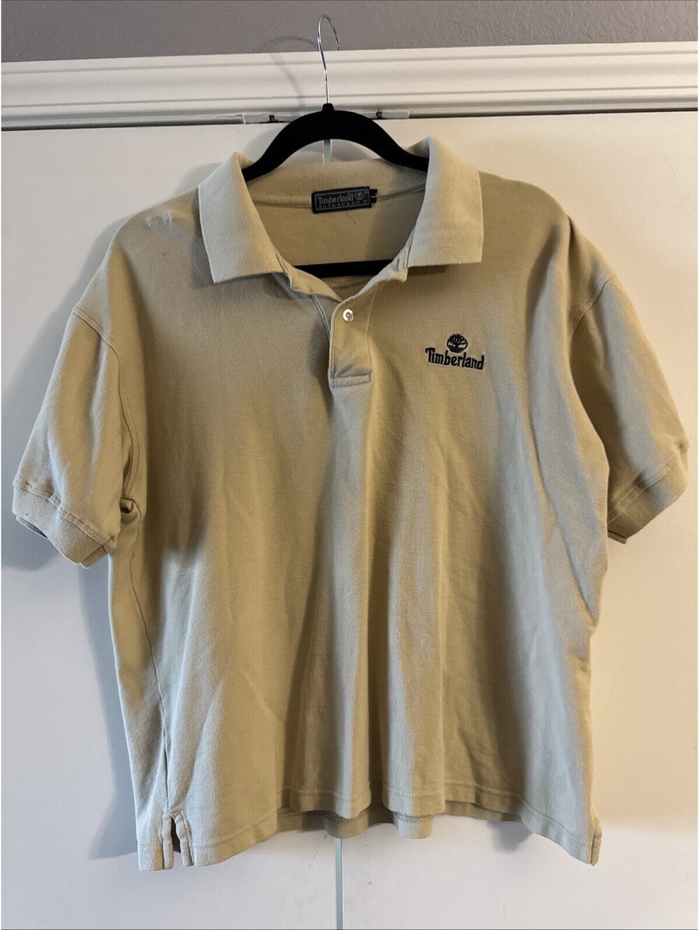 Vintage Timberland Weathergear Mens L Polo Shirt Beige Short Sleeve Tree Logo